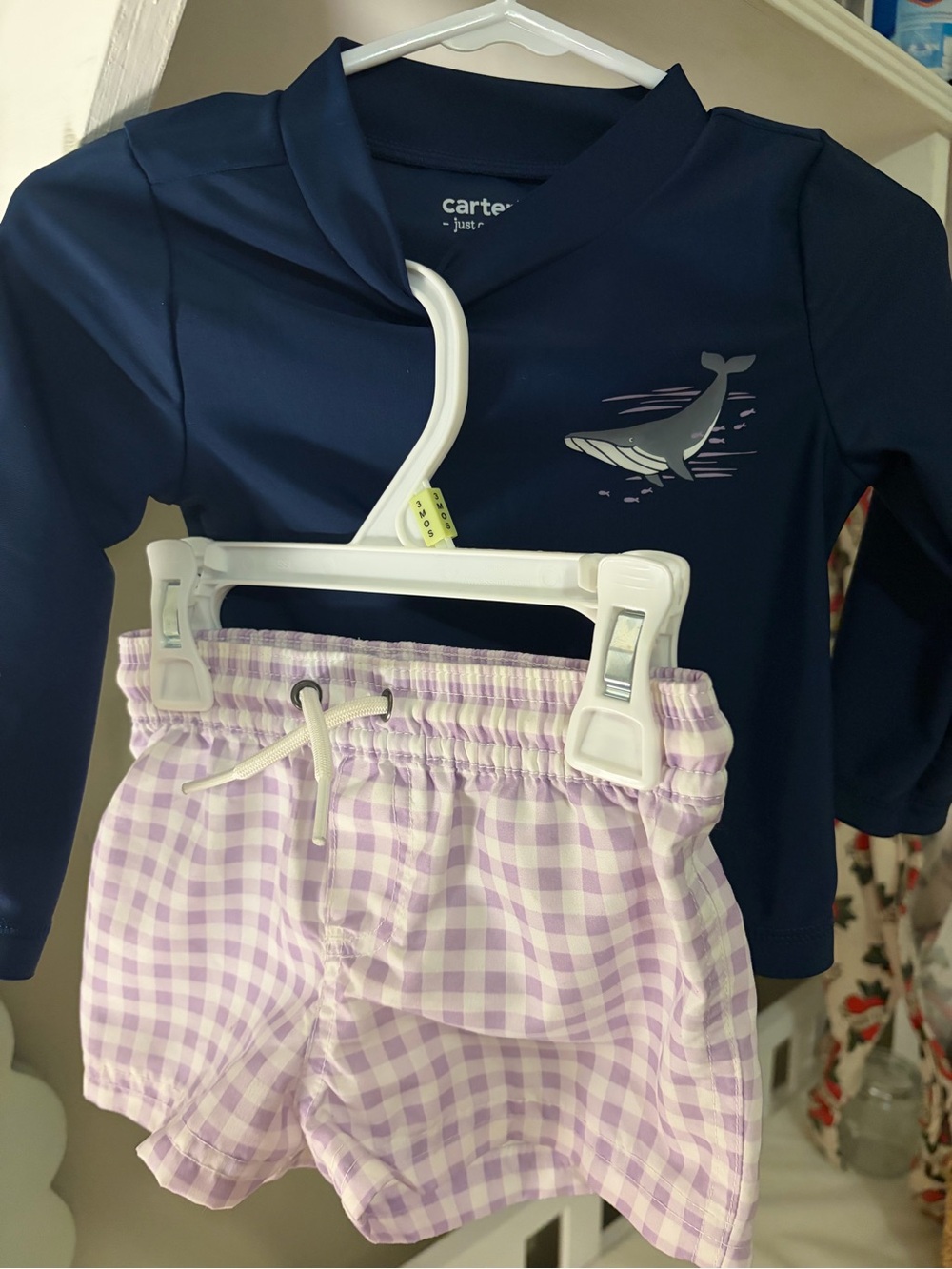 Carter's Navy Whale Rash Guard with Lilac Gingham Swim Shorts